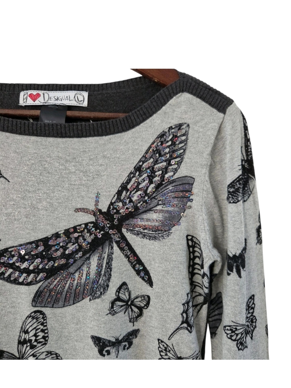 DESIGUAL Sequin Butterfly Sweater Gray Black Top Womens Size L - Picture 4 of 12